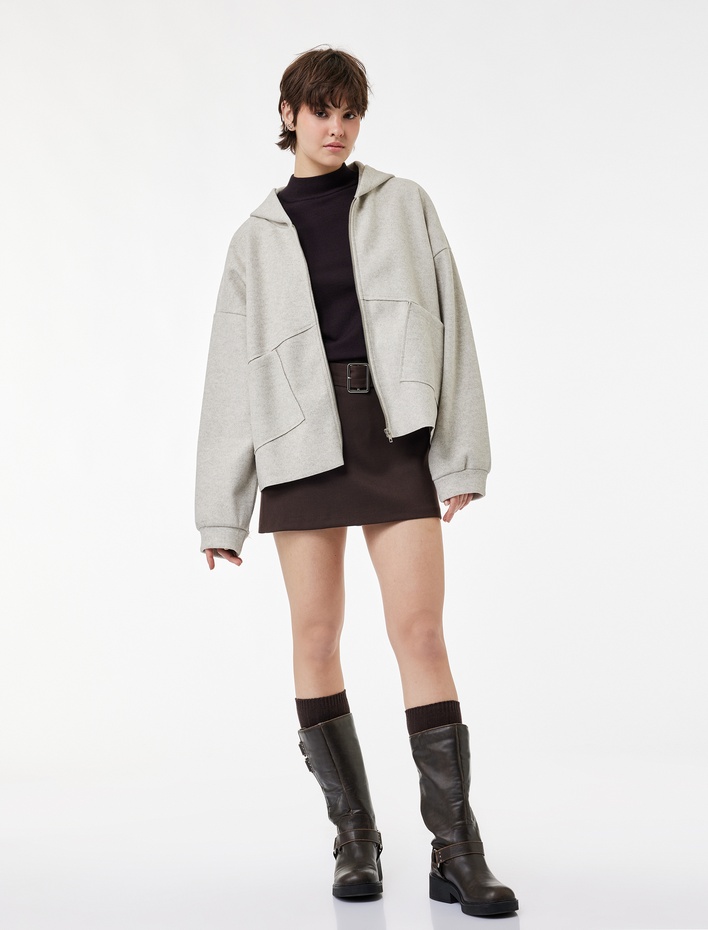  Uzun Kollu Cep Detaylı Fermuarlı Kapüşonlu Oversize Ceket