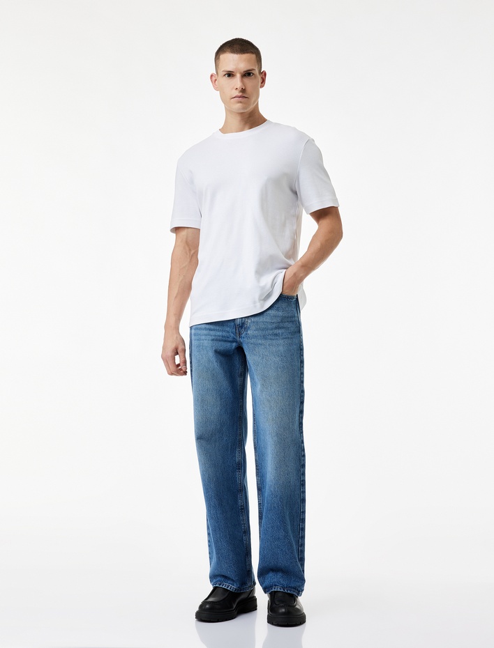  Pamuklu Cepli Düğmeli Normal Bel Baggy Jean Pantolon - Baggy Jeans