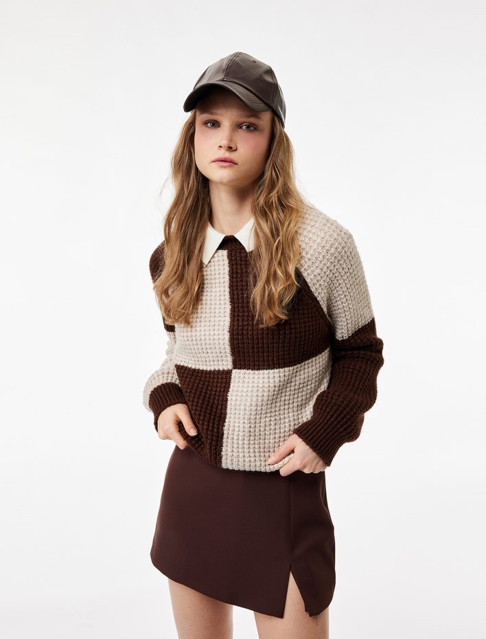  Uzun Kollu Bisiklet Yaka Renk Bloklu Triko Kazak