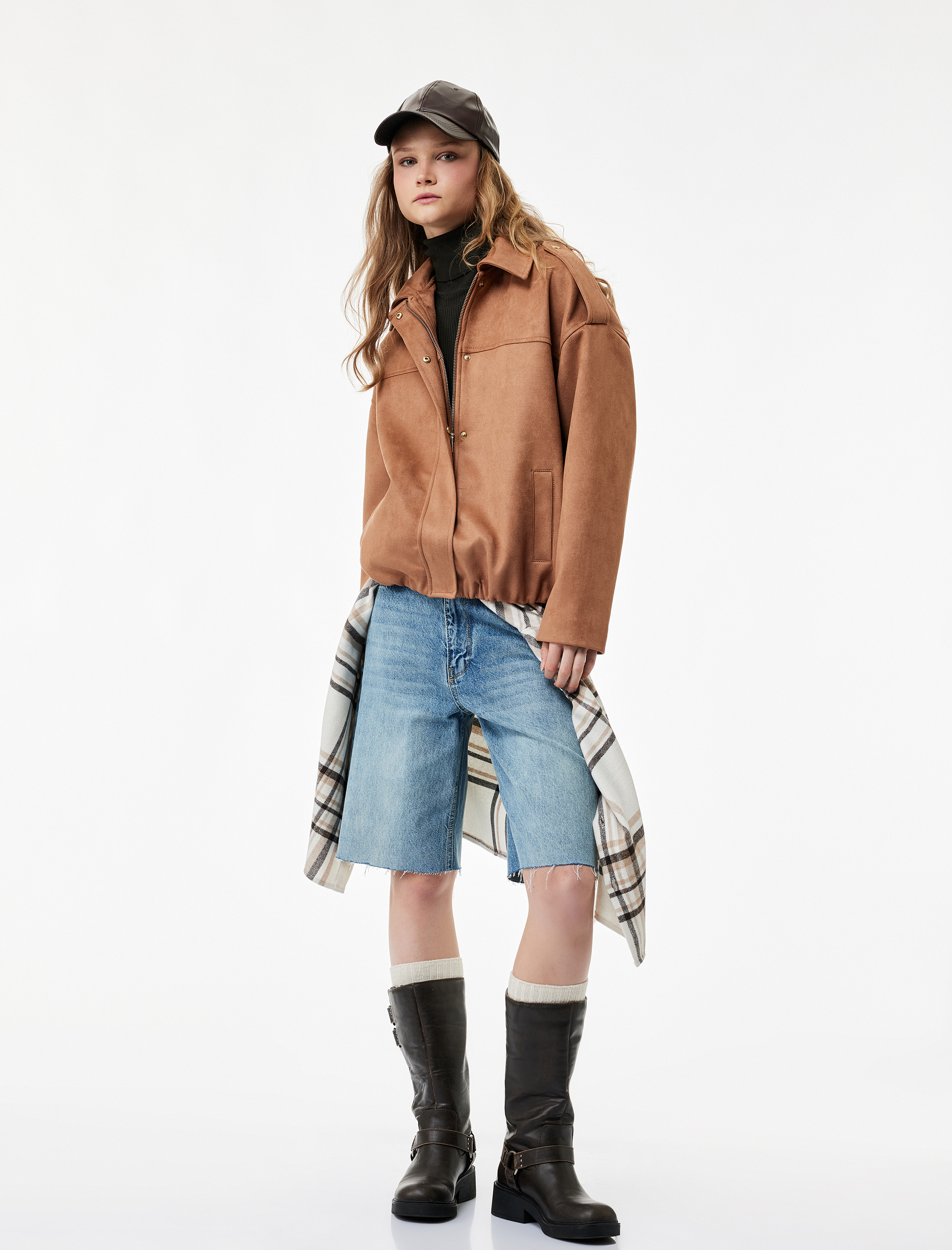   Uzun Kollu Cepli Suni Süet Oversize Bomber Ceket