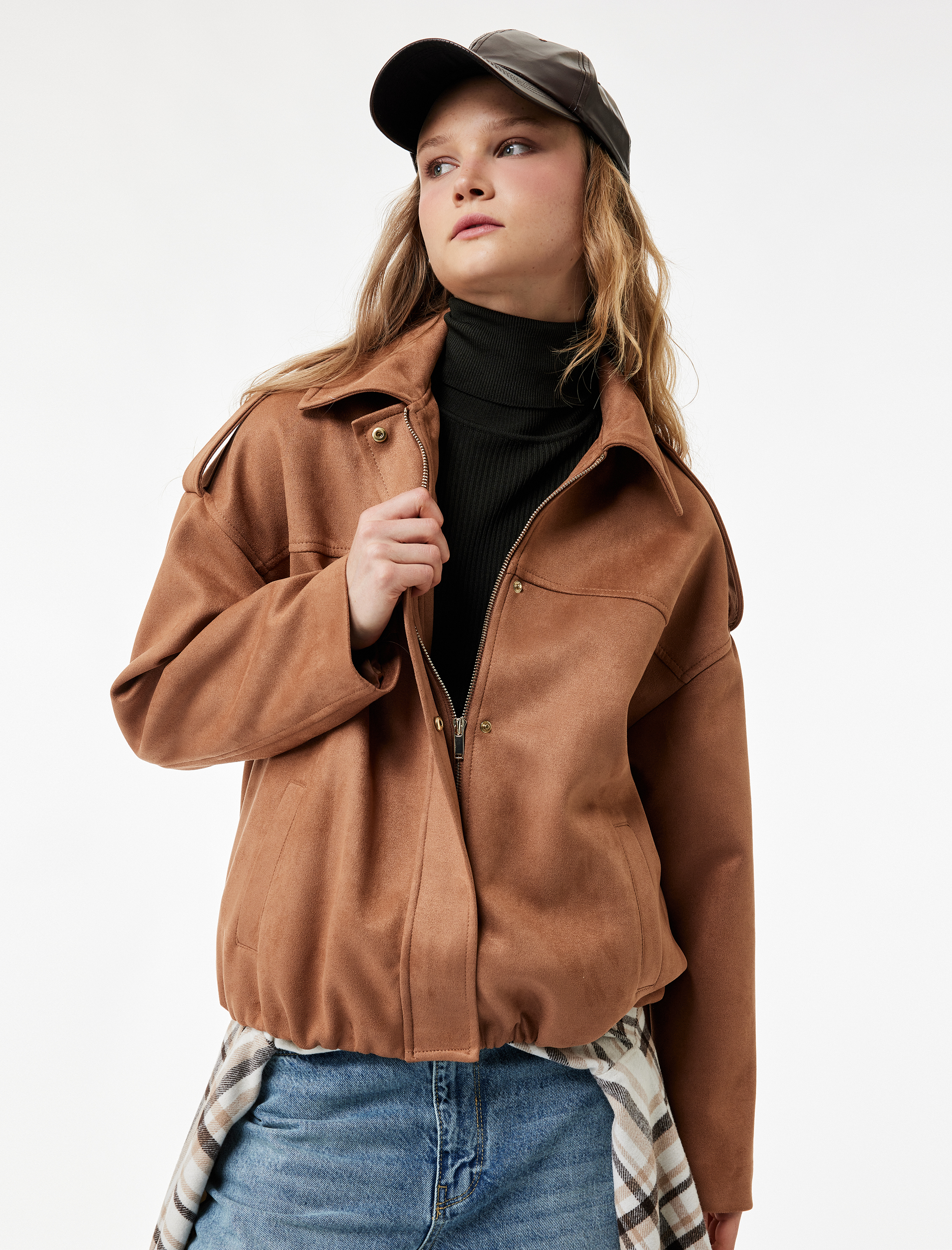   Uzun Kollu Cepli Suni Süet Oversize Bomber Ceket