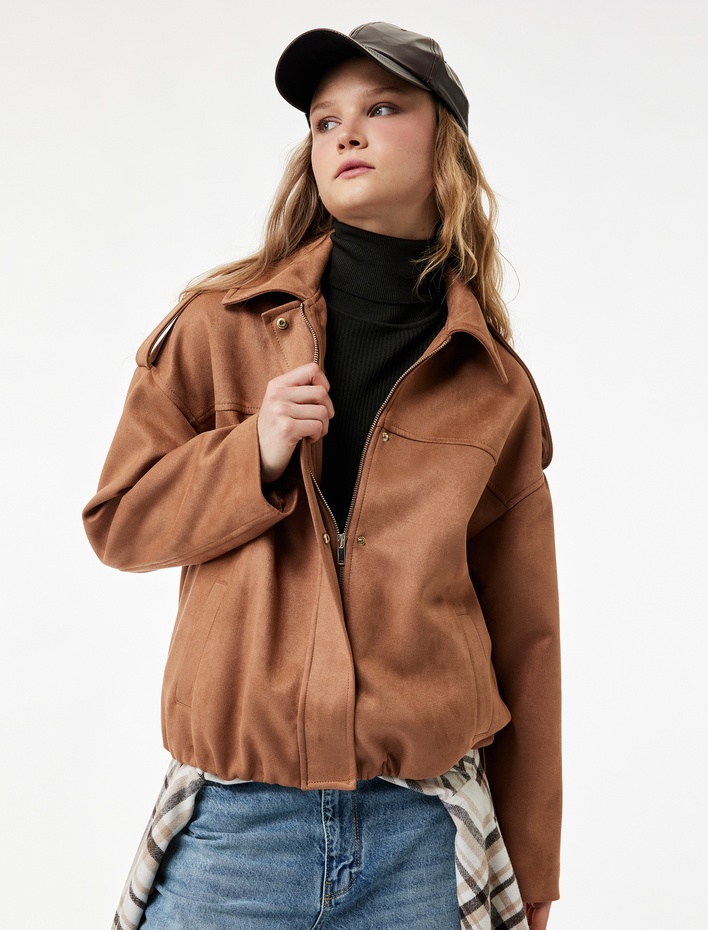  Uzun Kollu Cepli Suni Süet Oversize Bomber Ceket