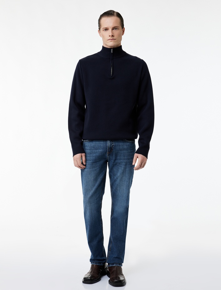  Uzun Kollu Regular Fit Basic Yarım Fermuarlı Triko Kazak