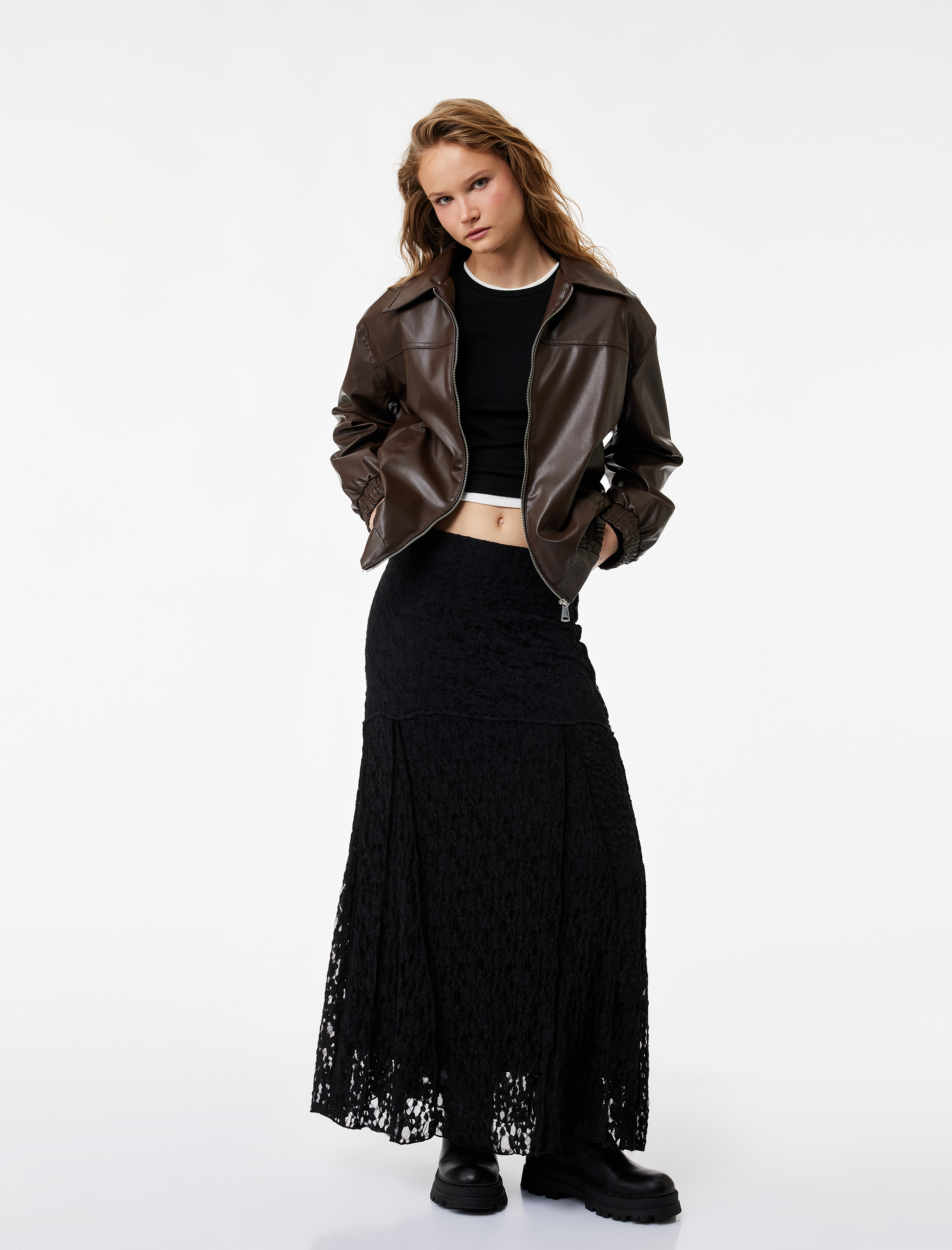   Klasik Yaka Cepli Fermuarlı Suni Deri Oversize Bomber Ceket