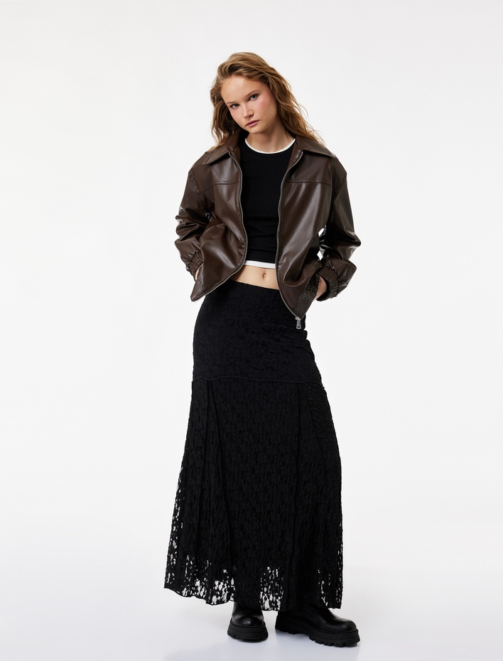  Klasik Yaka Cepli Fermuarlı Suni Deri Oversize Bomber Ceket