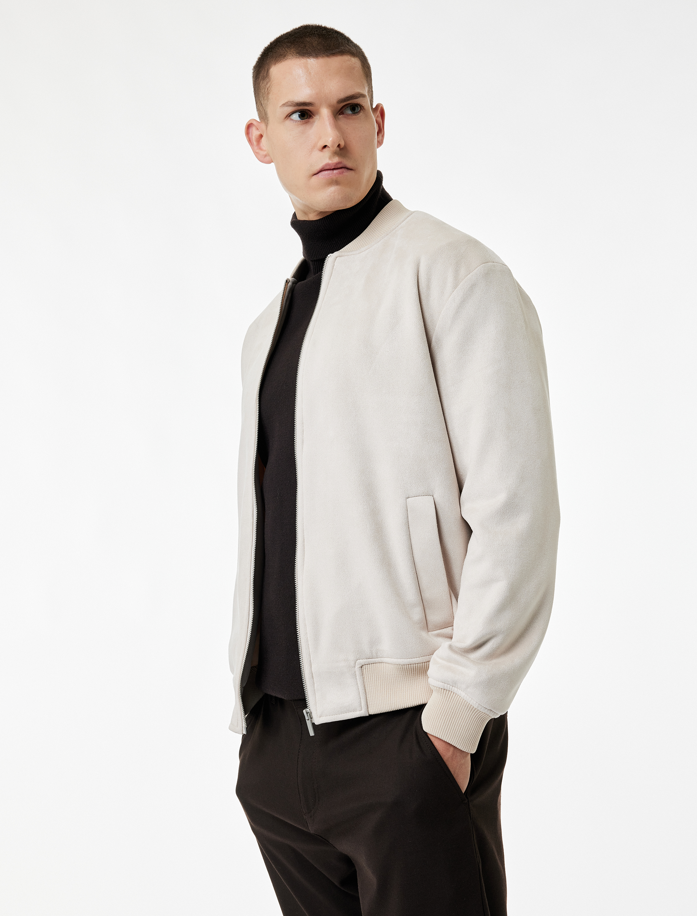   Regular Fit Kolej Yaka Cepli Suni Süet Bomber Ceket