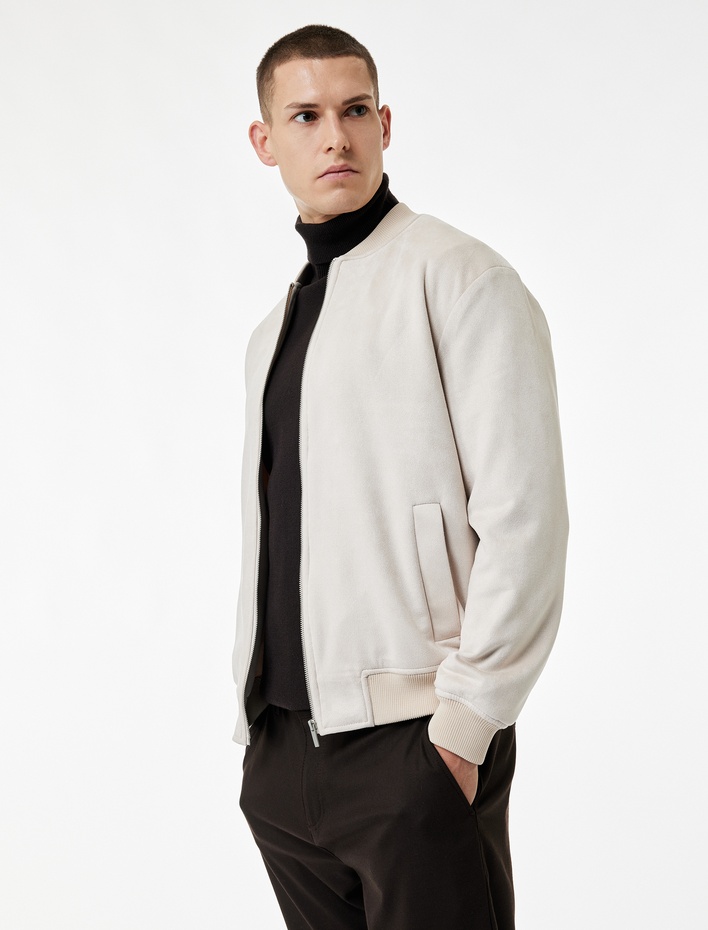  Regular Fit Kolej Yaka Cepli Suni Süet Bomber Ceket