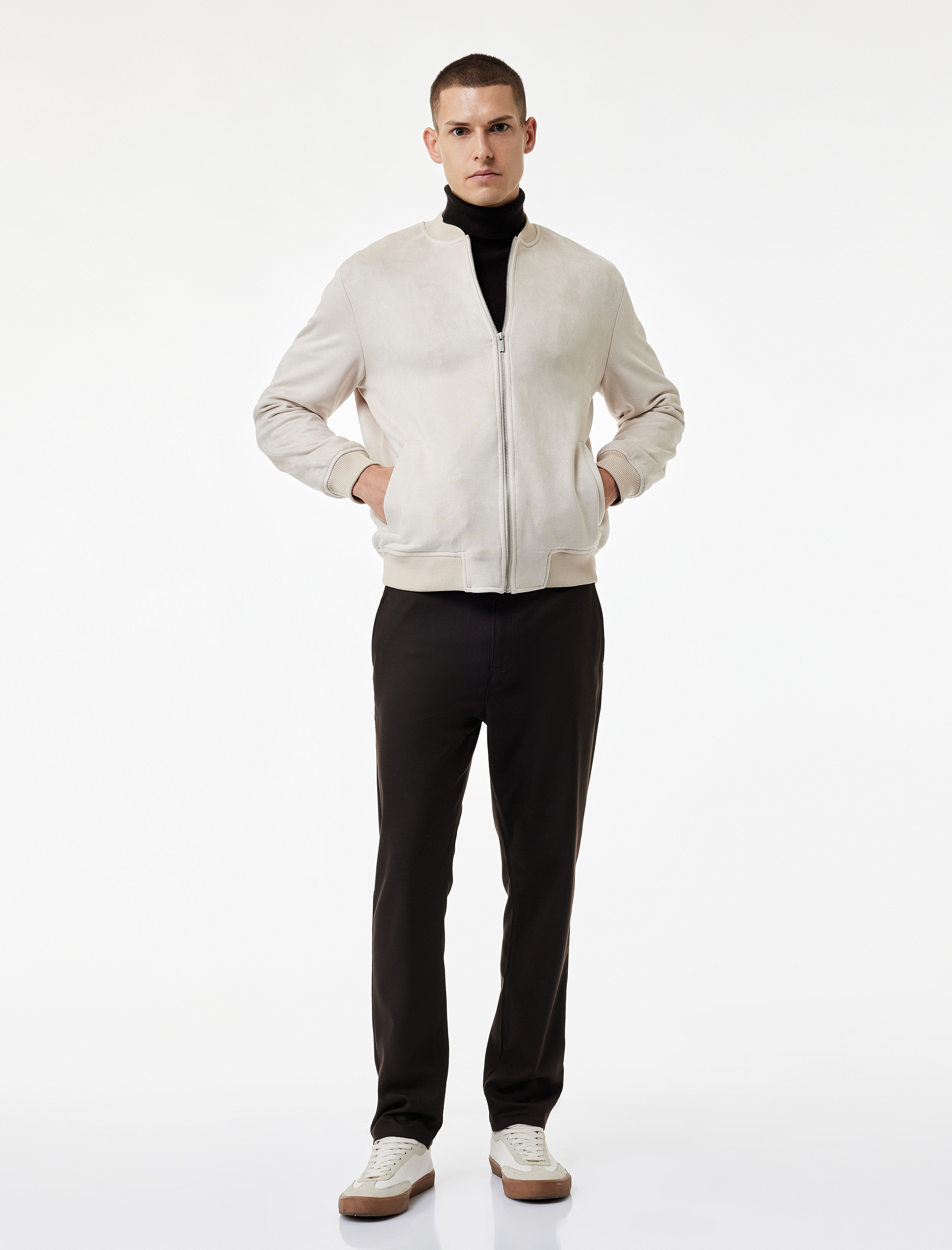   Regular Fit Kolej Yaka Cepli Suni Süet Bomber Ceket
