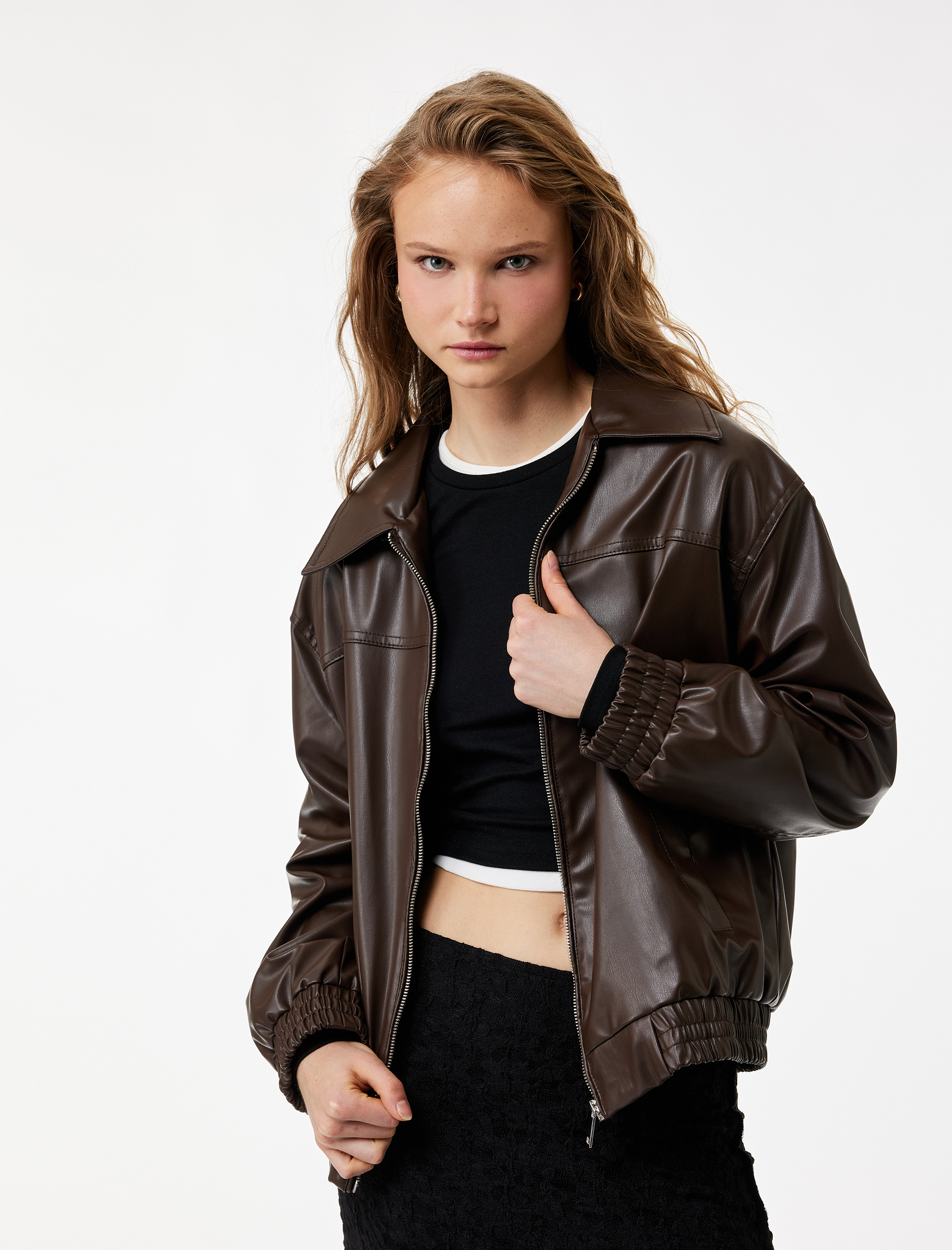   Klasik Yaka Cepli Fermuarlı Suni Deri Oversize Bomber Ceket