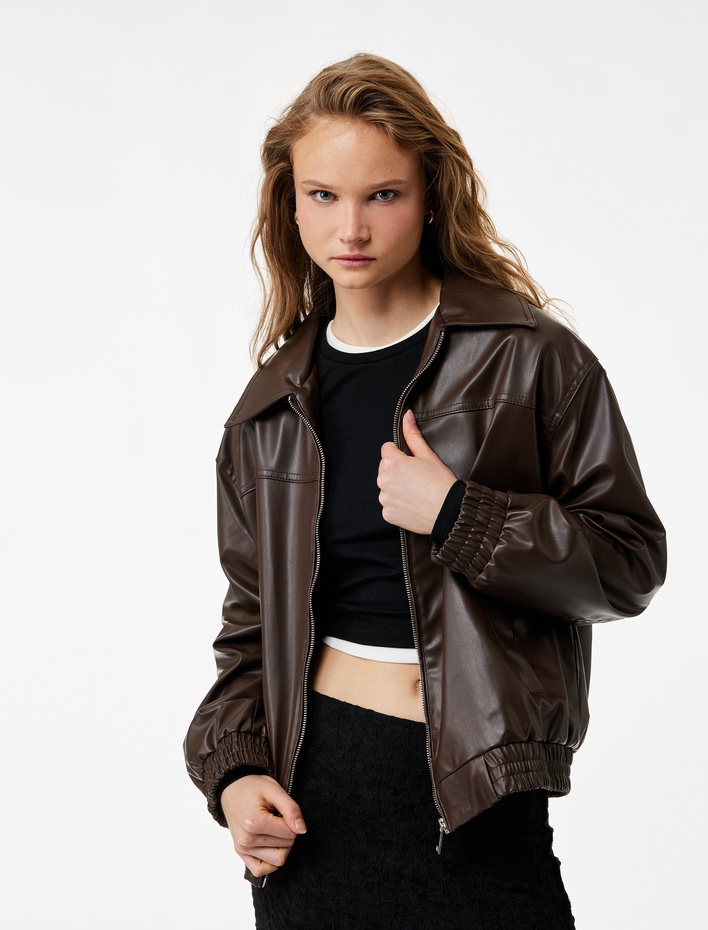  Klasik Yaka Cepli Fermuarlı Suni Deri Oversize Bomber Ceket