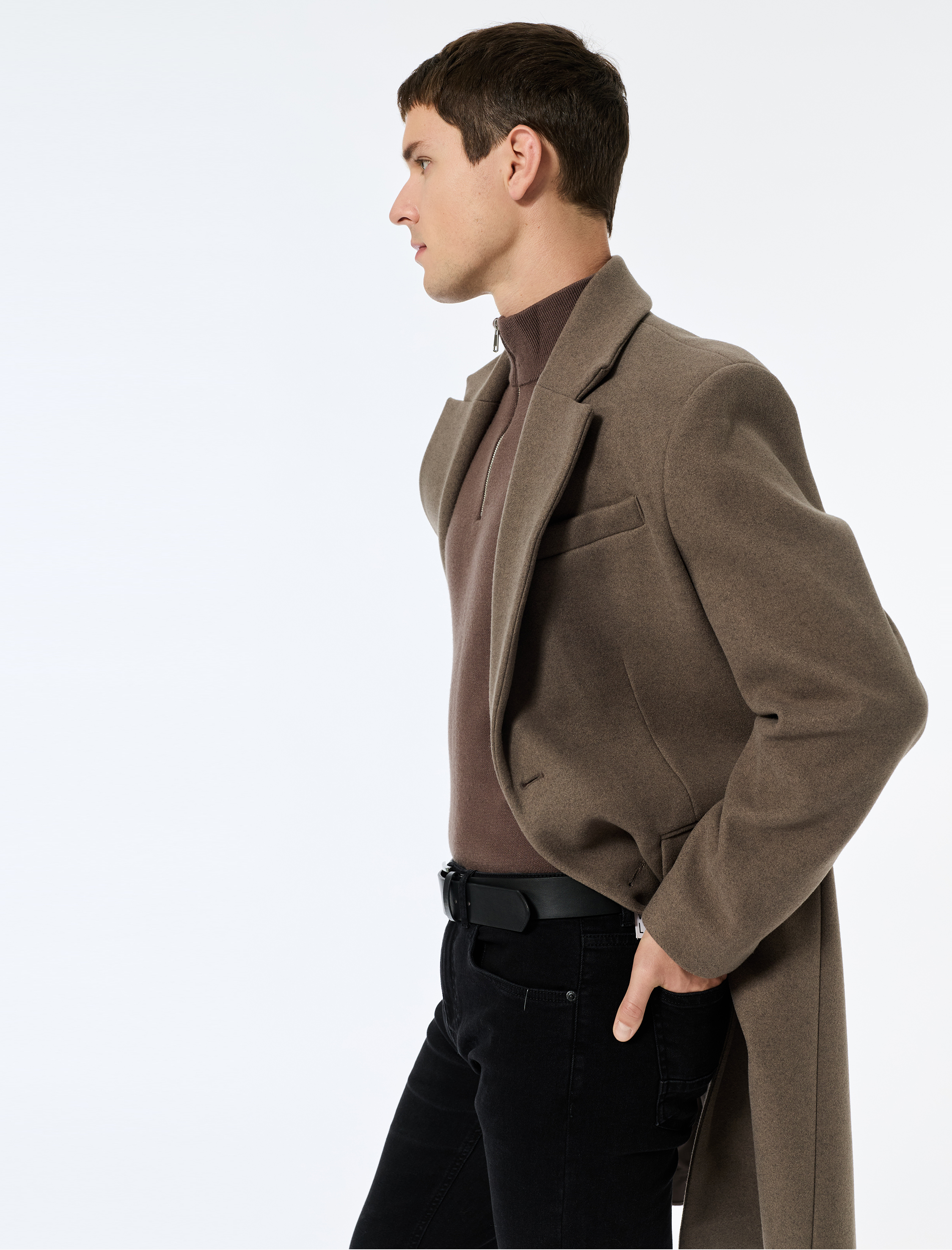   Regular Fit Cepli Mono Yaka Düğmeli Uzun Kaşe Kaban