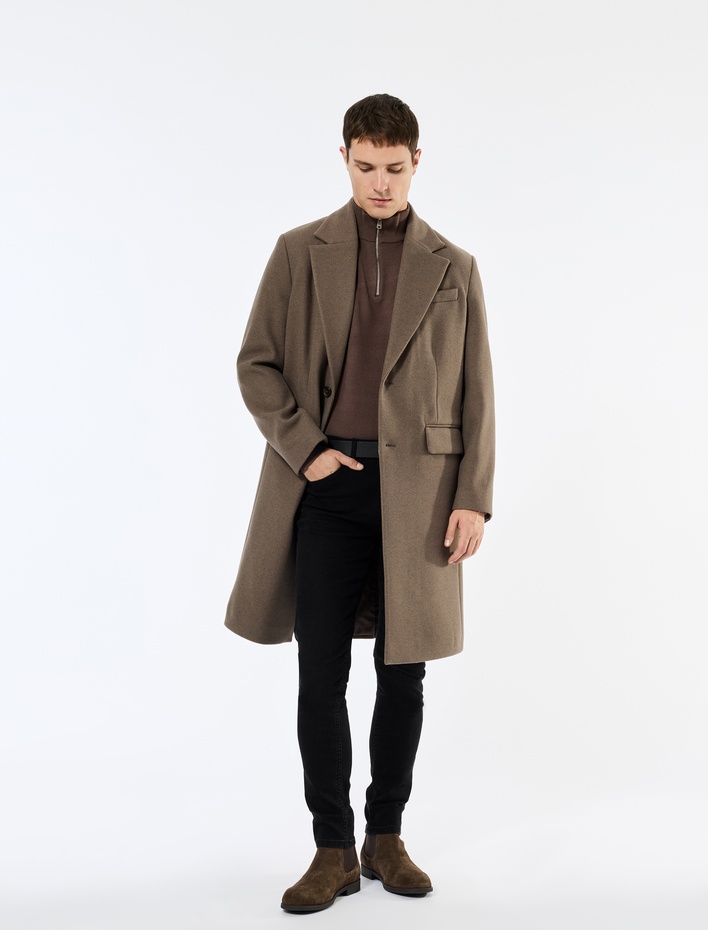  Regular Fit Cepli Mono Yaka Düğmeli Uzun Kaşe Kaban