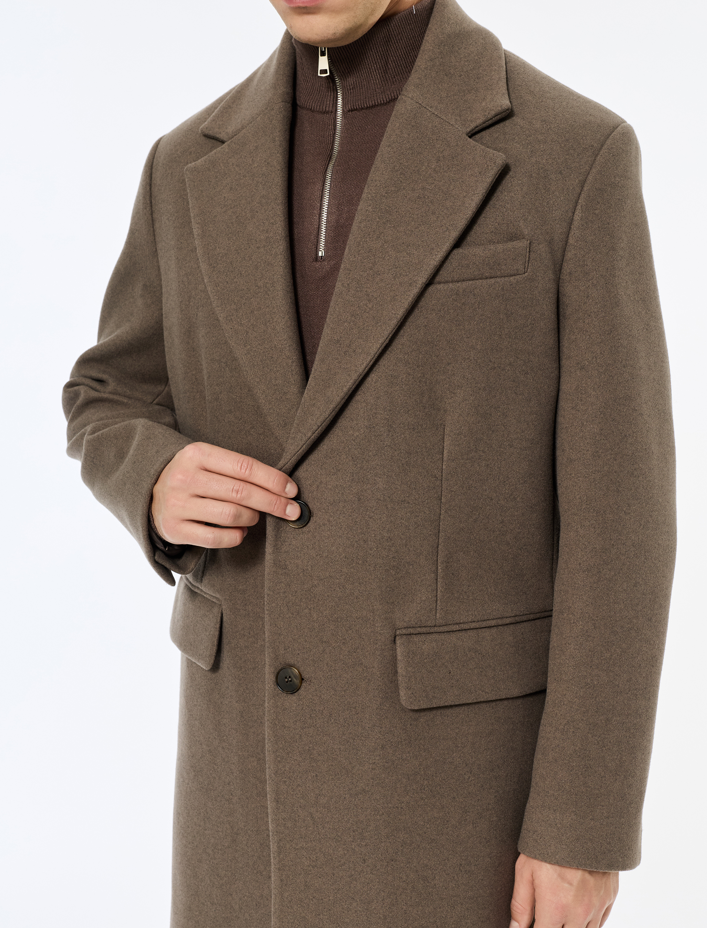   Regular Fit Cepli Mono Yaka Düğmeli Uzun Kaşe Kaban