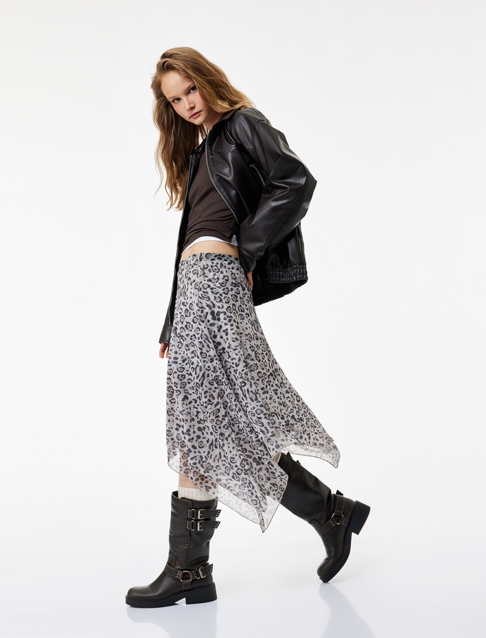 Asimetrik Kesim Slim Fit Midi Leopar Etek