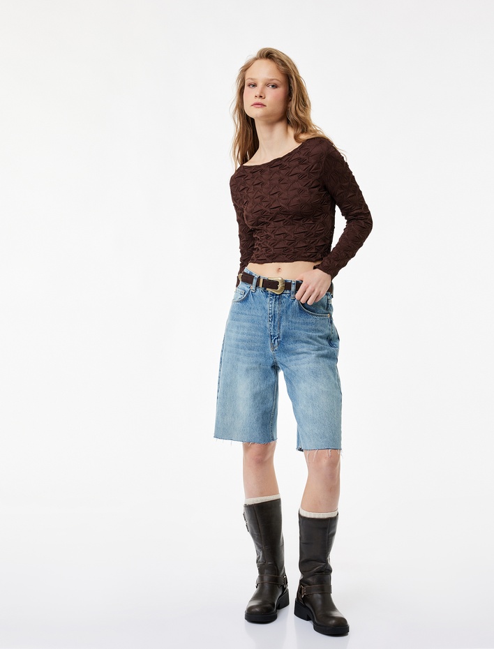  Uzun Kollu Dokulu Kayık Yaka Slim Fit Crop Tişört