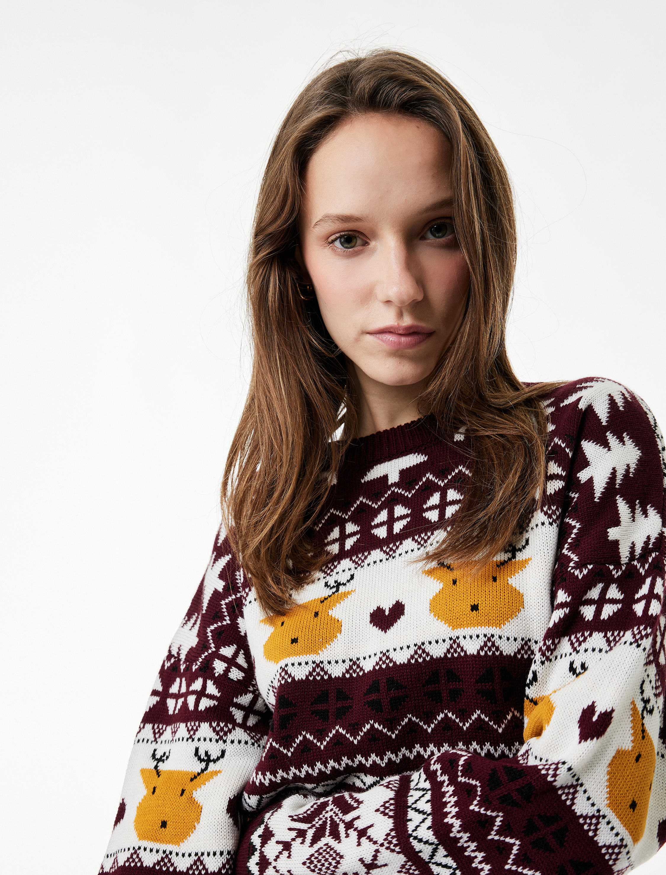   Uzun Kollu Bisiklet Yaka Jakarlı Triko Yılbaşı Kazağı