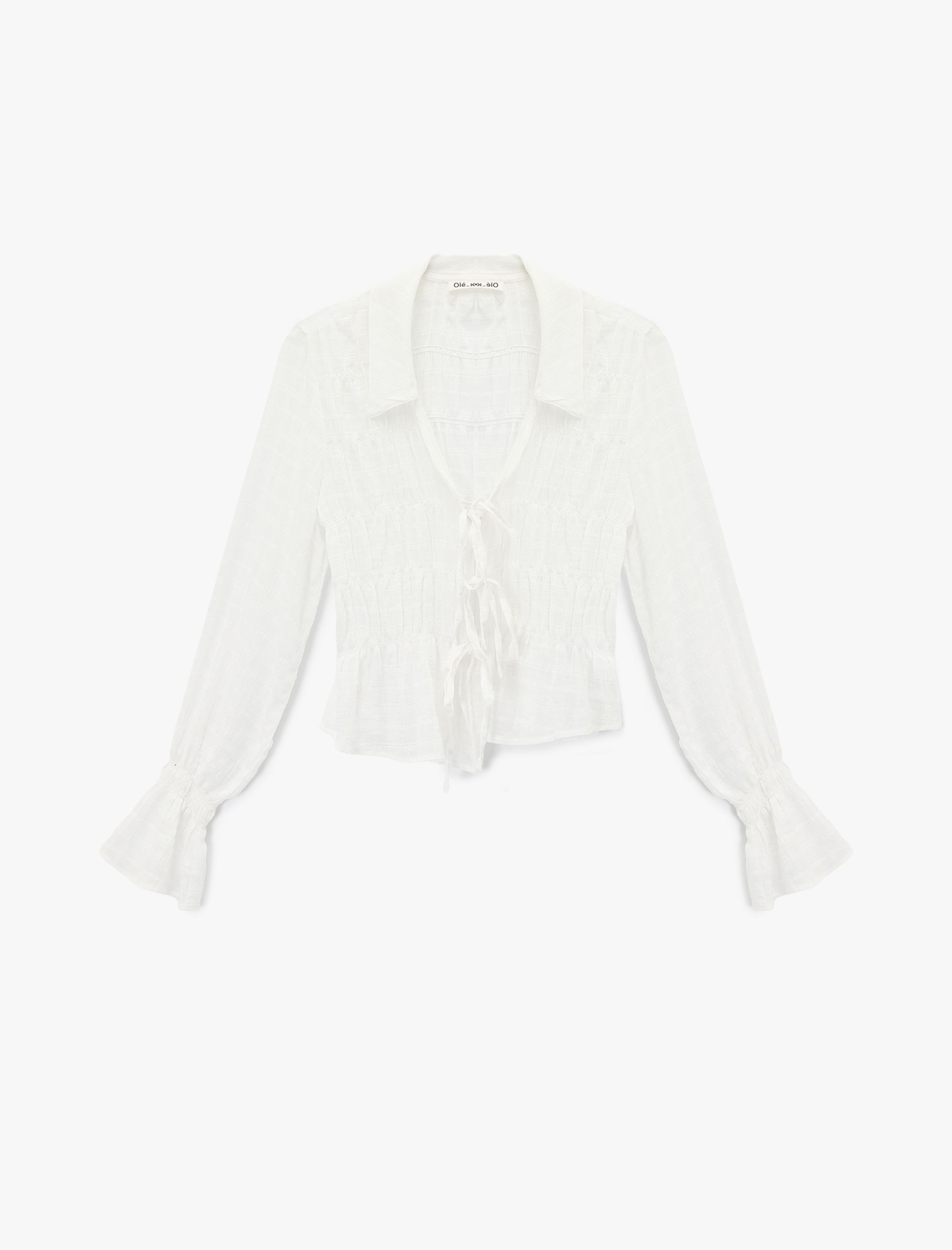   Uzun Fırfırlı Kol Gömlek Yaka Fiyonklu Bağlama Detaylı Bluz