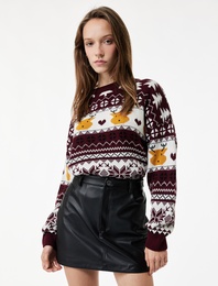 Uzun Kollu Bisiklet Yaka Jakarlı Triko Yılbaşı Kazağı