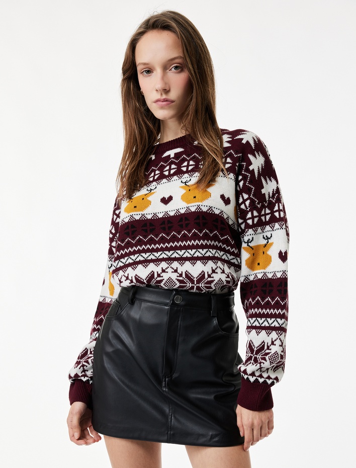  Uzun Kollu Bisiklet Yaka Jakarlı Triko Yılbaşı Kazağı