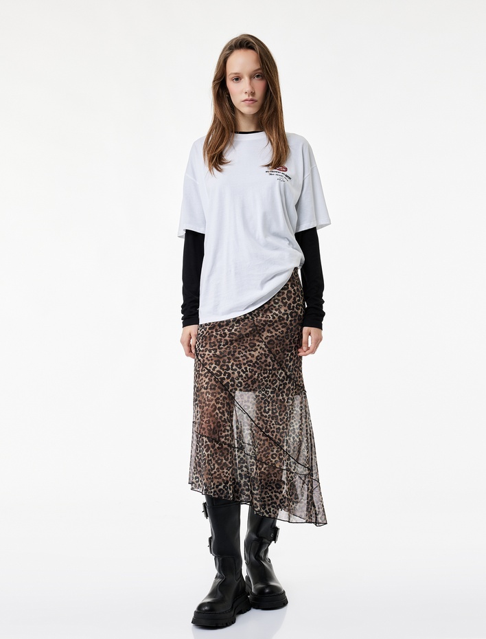  Asimetrik Kesim Katlı Leopar Desenli Midi Etek