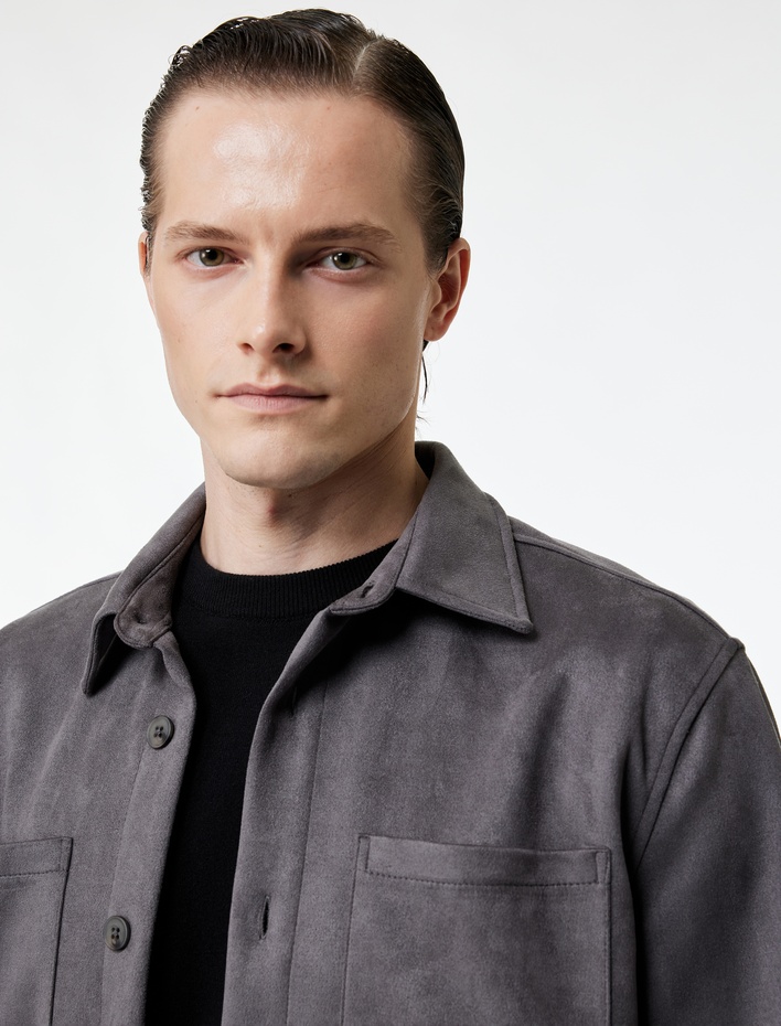  Regular Fit Uzun Kollu Cep Detaylı Klasik Yaka Suni Süet Gömlek