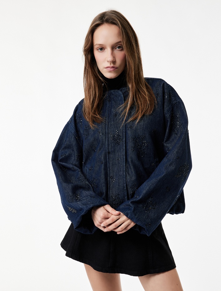  Çıtçıt Düğmeli Taş Detaylı Uzun Kollu Dik Yaka Denim Ceket