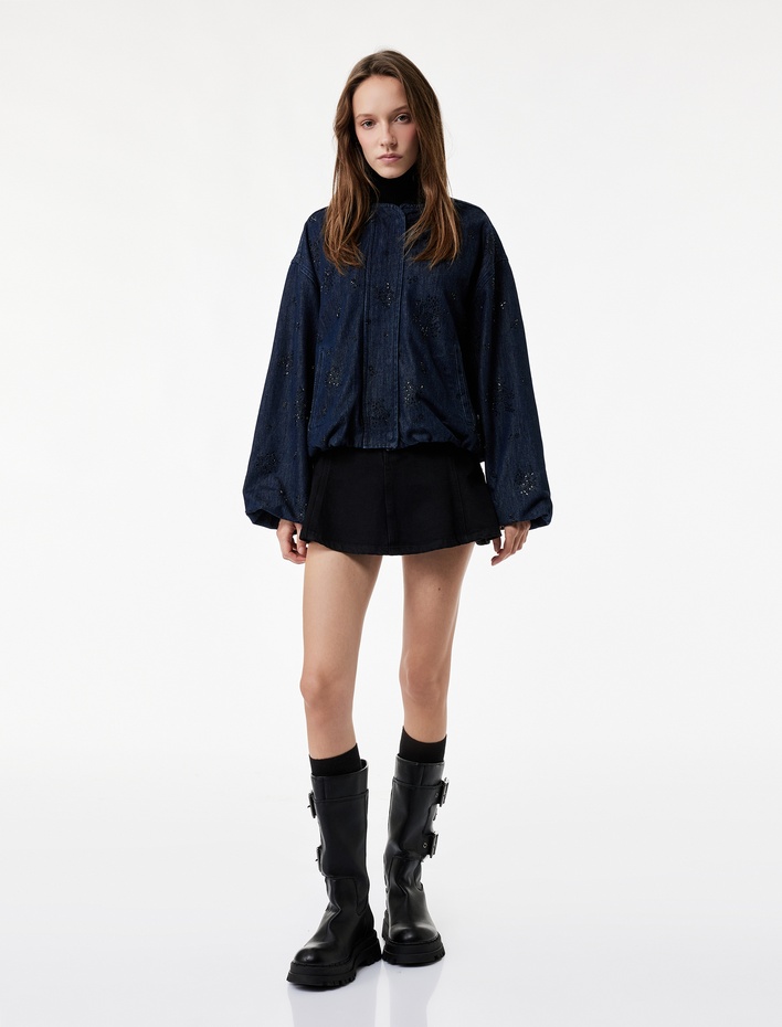  Çıtçıt Düğmeli Taş Detaylı Uzun Kollu Dik Yaka Denim Ceket