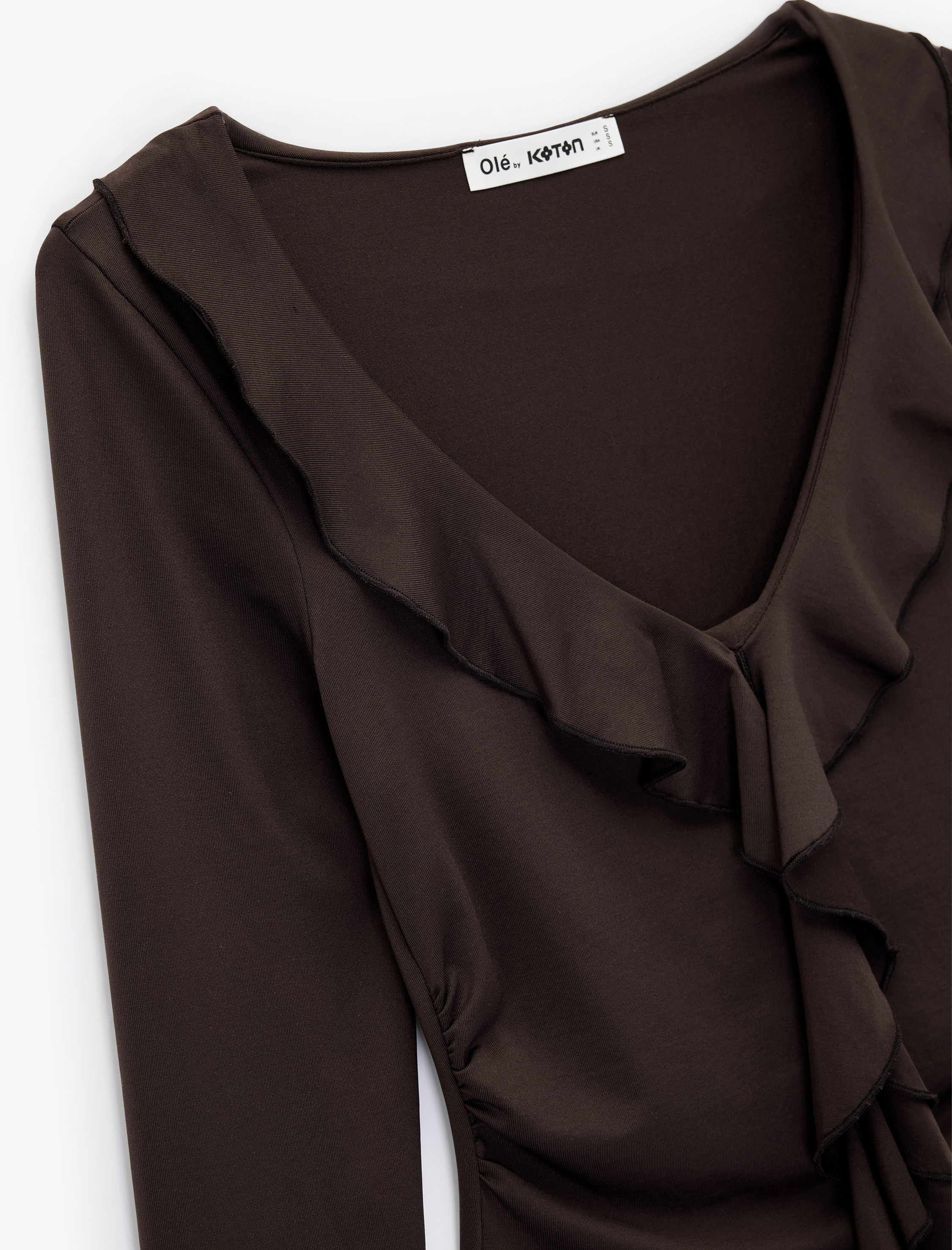   Fırfır Detaylı Uzun Kollu Slim Fit V Yaka Tişört