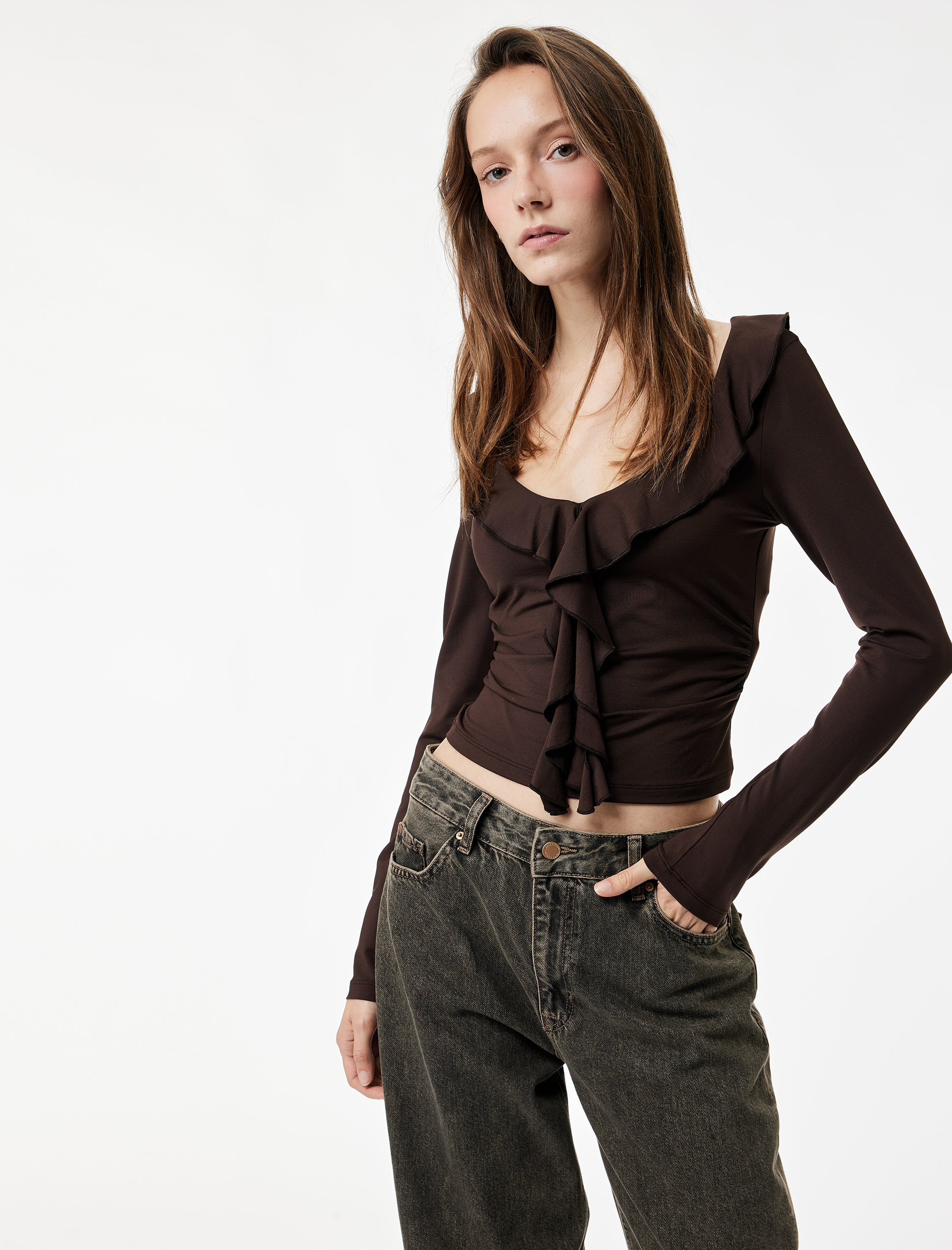   Fırfır Detaylı Uzun Kollu Slim Fit V Yaka Tişört