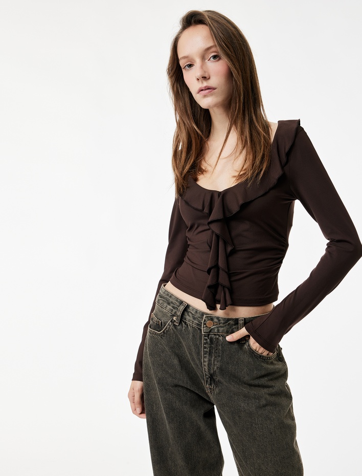  Fırfır Detaylı Uzun Kollu Slim Fit V Yaka Tişört