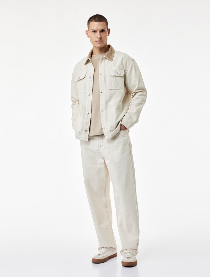  Rahat Kalıp Cepli Pamuklu Renk Kontrastlı Gömlek Yaka Jean Ceket