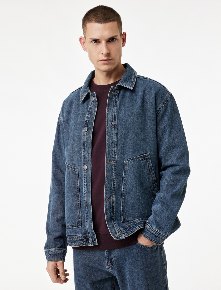  Uzun Kollu Cepli Gömlek Yaka Düğmeli Rahat Kalıp Jean Ceket