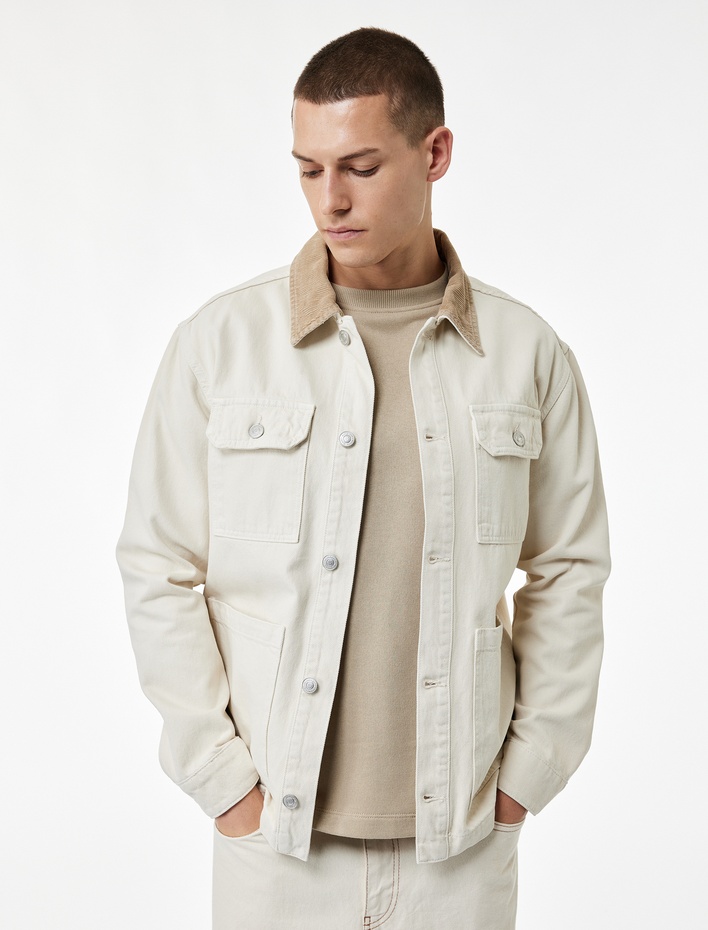  Rahat Kalıp Cepli Pamuklu Renk Kontrastlı Gömlek Yaka Jean Ceket