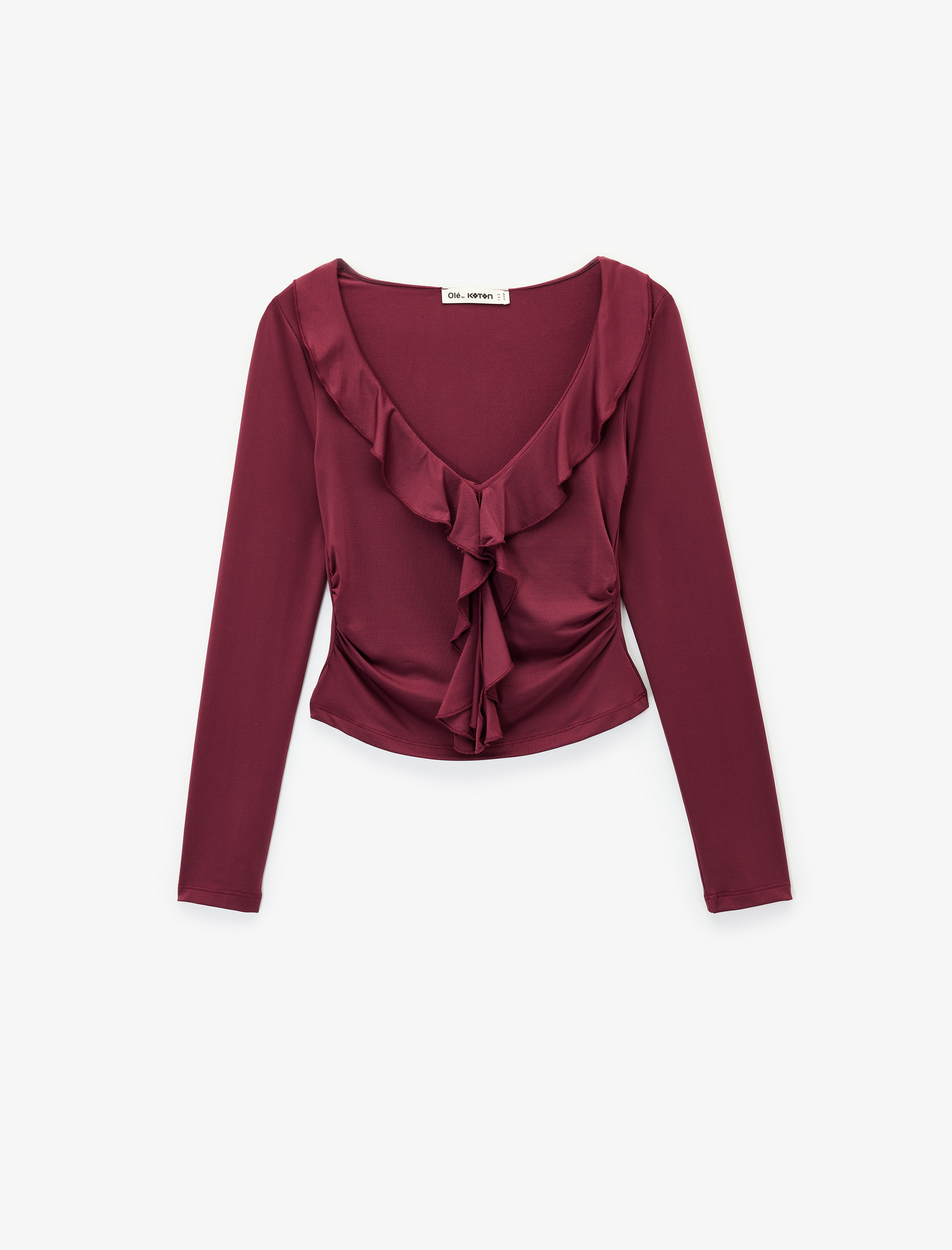   Fırfır Detaylı Uzun Kollu Slim Fit V Yaka Tişört