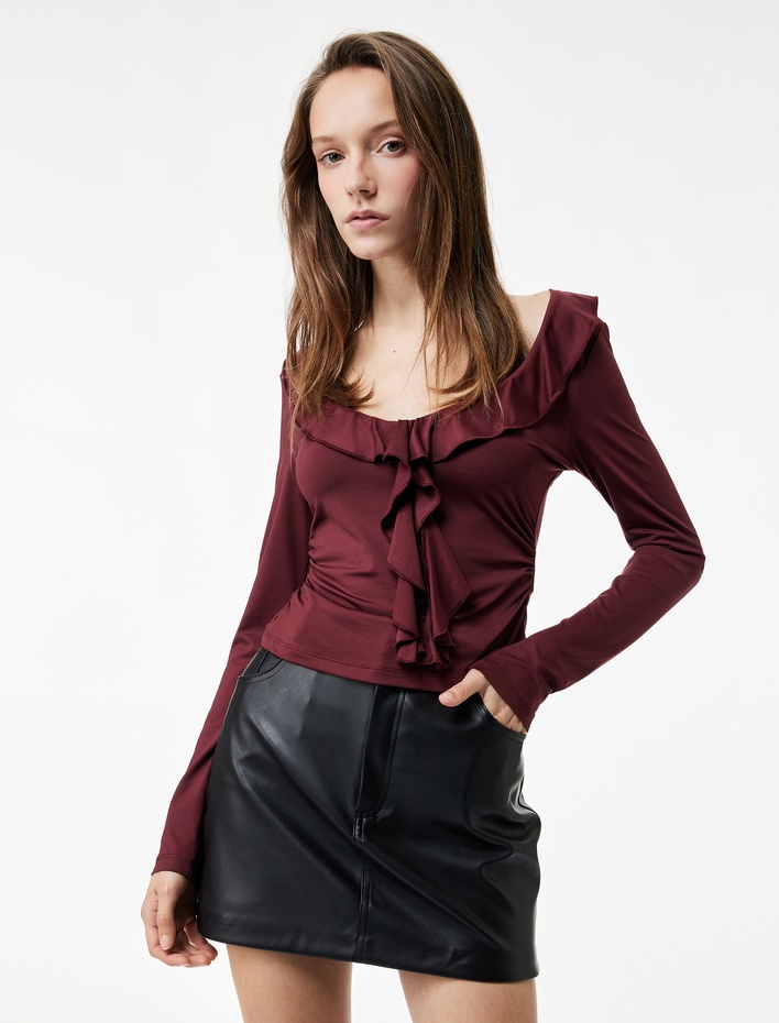  Fırfır Detaylı Uzun Kollu Slim Fit V Yaka Tişört