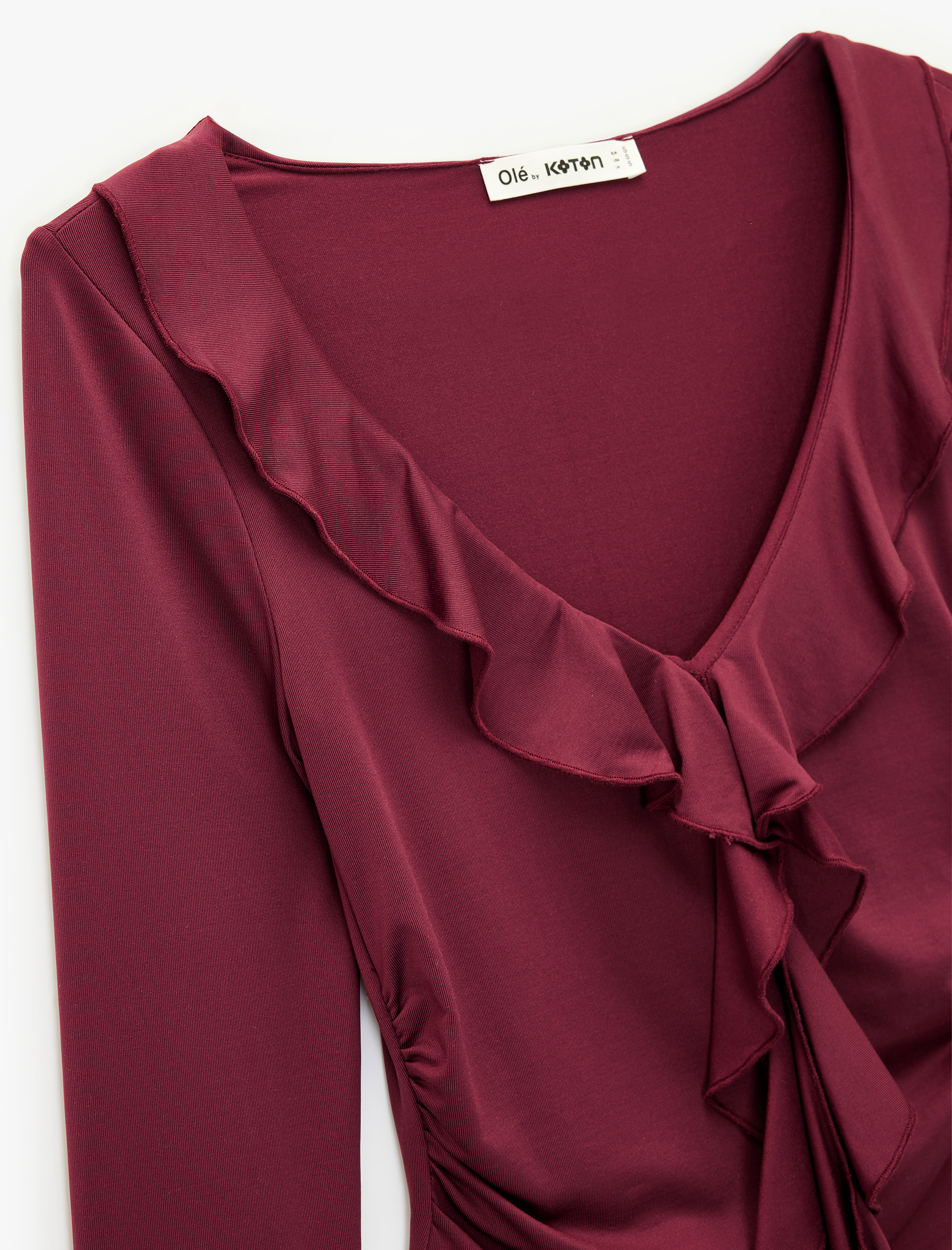   Fırfır Detaylı Uzun Kollu Slim Fit V Yaka Tişört