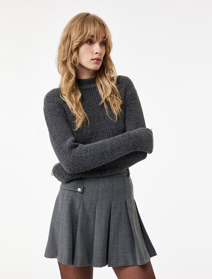  Koton X Melis Ağazat - Uzun Kollu Hafif Dik Yaka Pullu Parıltılı Triko Kazak