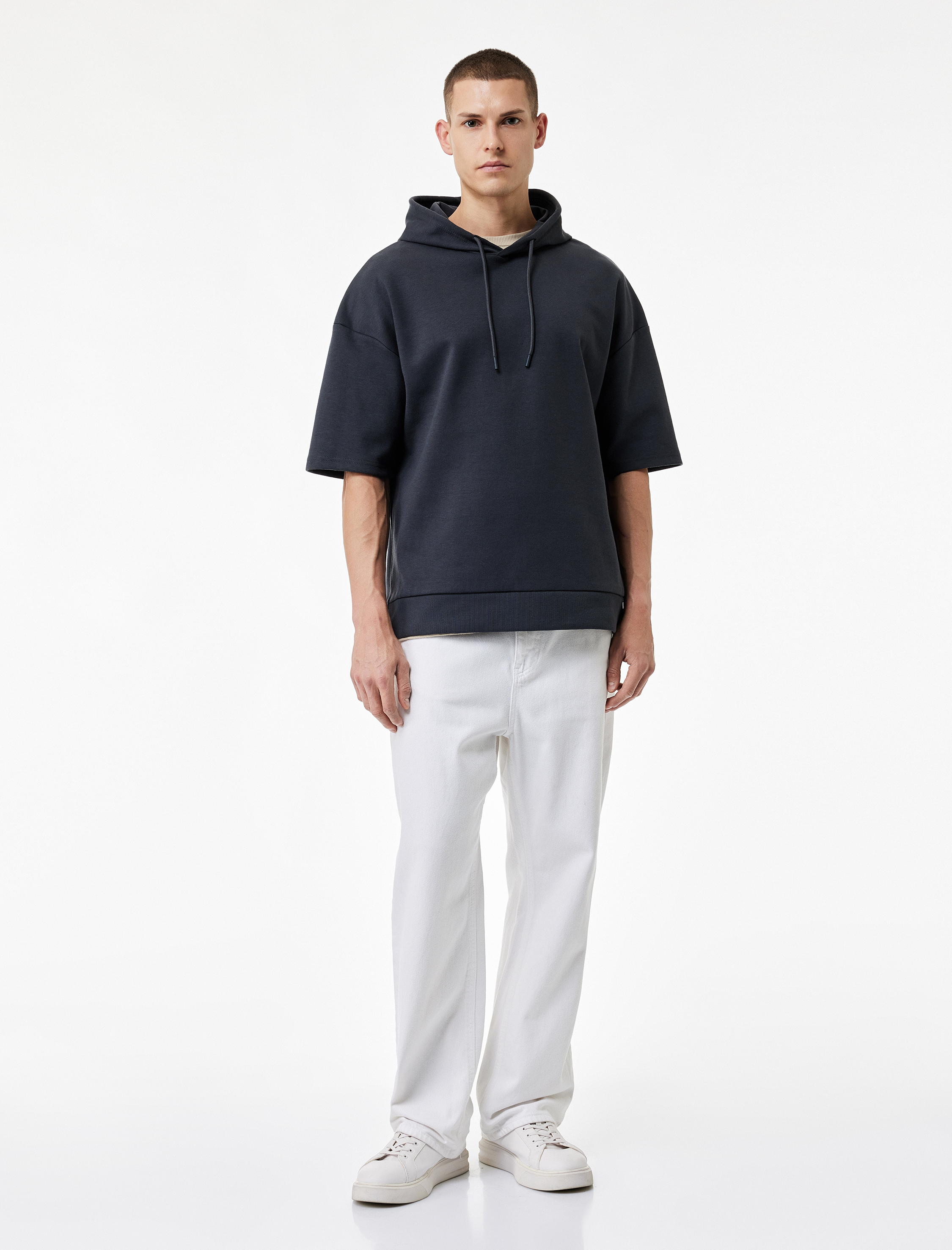   Kısa Kollu Kapşonlu Pamuklu Oversize Spor Sweatshirt