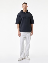 Kısa Kollu Kapşonlu Pamuklu Oversize Spor Sweatshirt