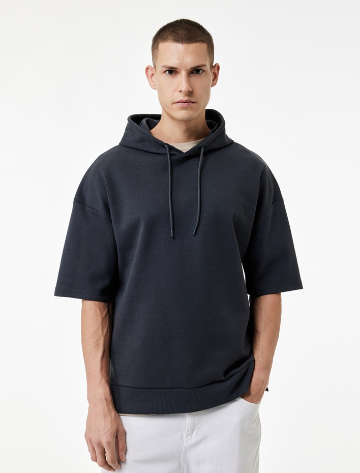  Kısa Kollu Kapşonlu Pamuklu Oversize Spor Sweatshirt