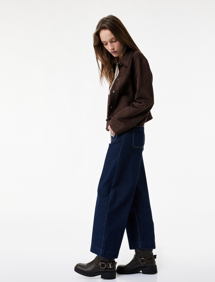  Yüksek Bel Cep Detaylı Rahat Kalıp Geniş Paça Jean Pantolon - Culotte Jeans