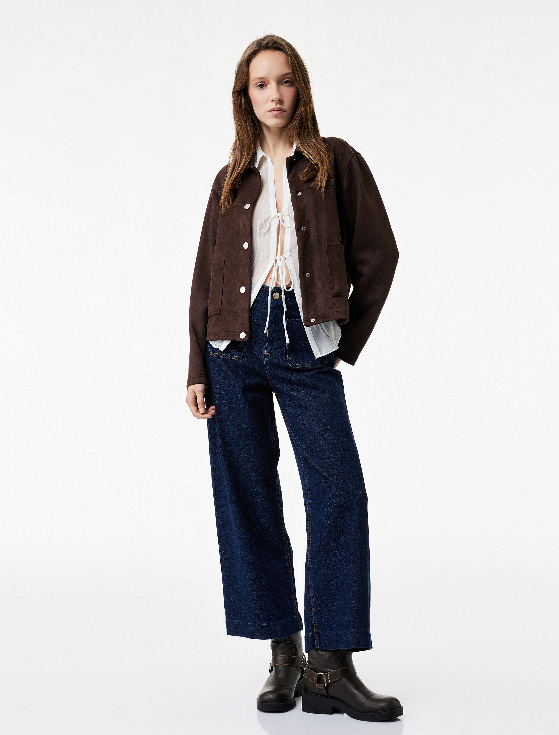   Yüksek Bel Cep Detaylı Rahat Kalıp Geniş Paça Jean Pantolon - Culotte Jeans