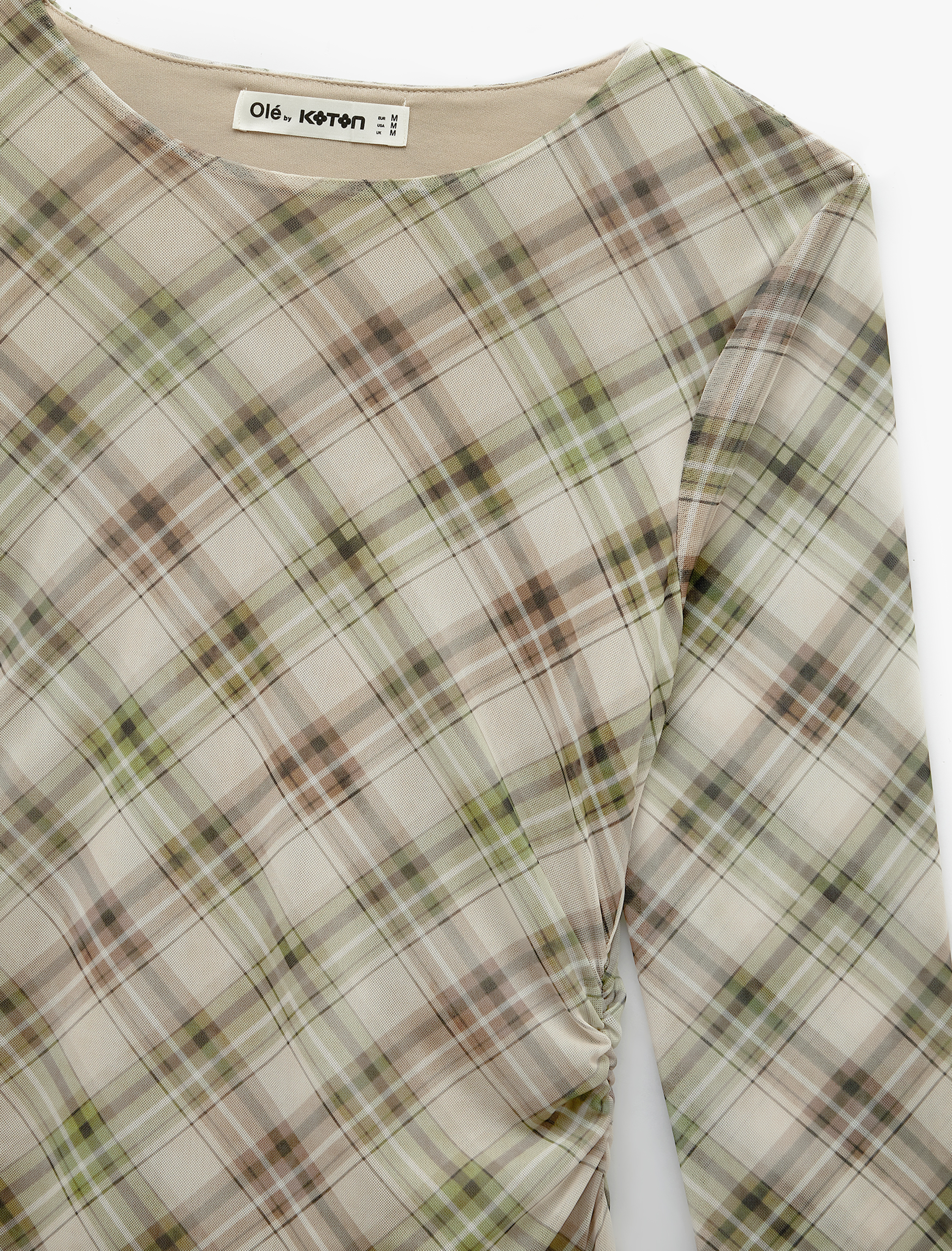   Uzun Kollu Bisiklet Yaka Drape Detaylı Mini Ekoseli Elbise