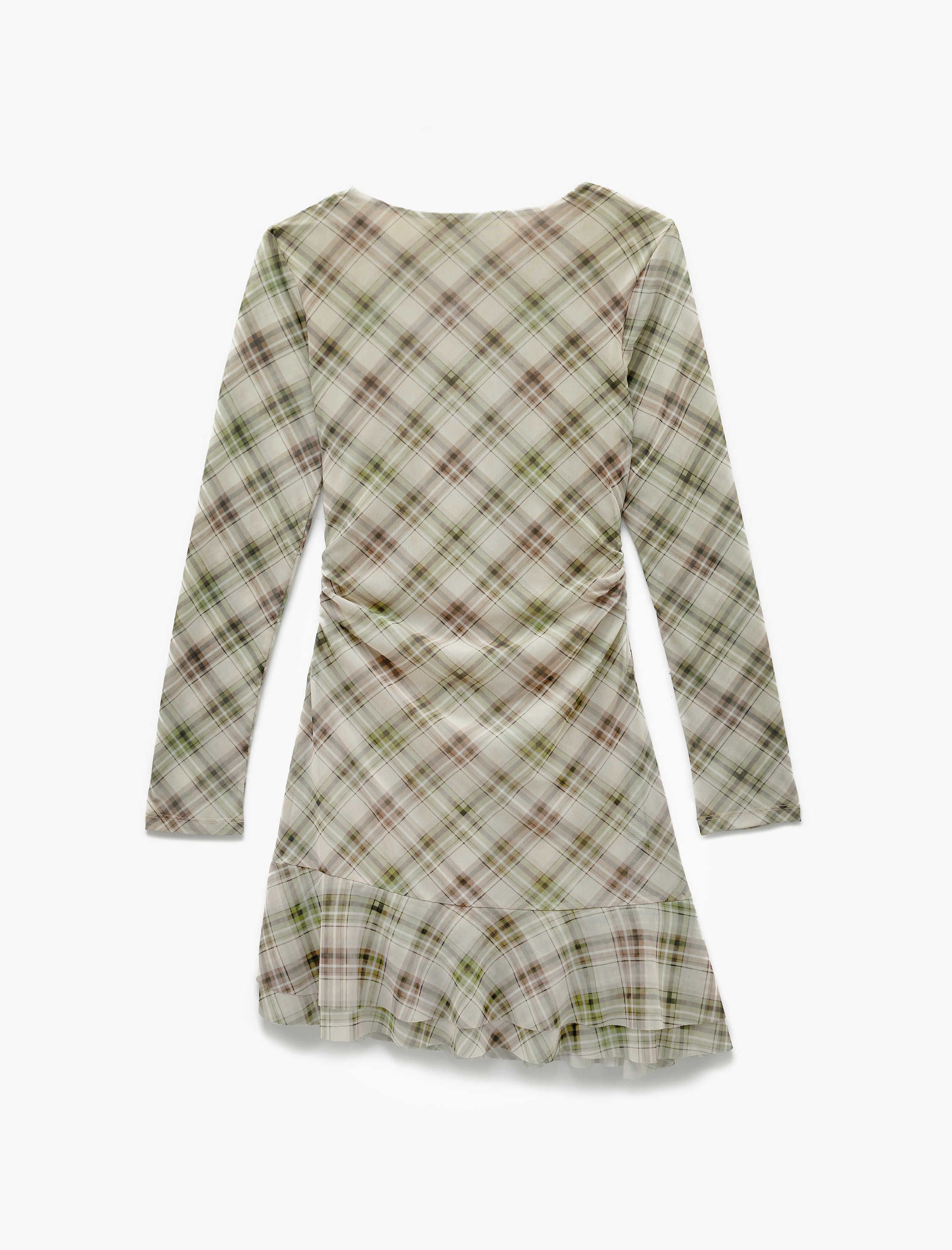   Uzun Kollu Bisiklet Yaka Drape Detaylı Mini Ekoseli Elbise