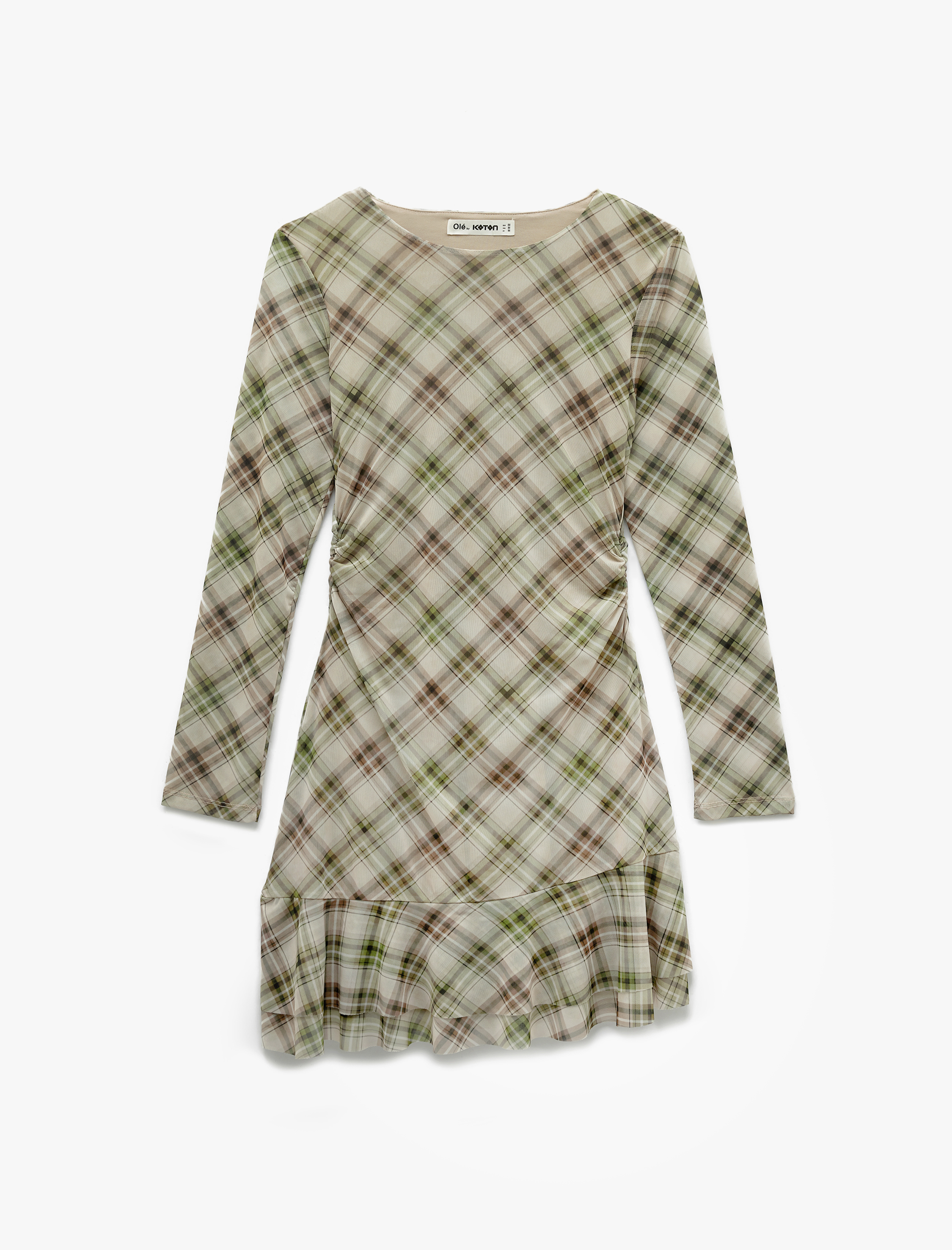   Uzun Kollu Bisiklet Yaka Drape Detaylı Mini Ekoseli Elbise