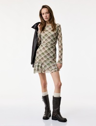 Uzun Kollu Bisiklet Yaka Drape Detaylı Mini Ekoseli Elbise