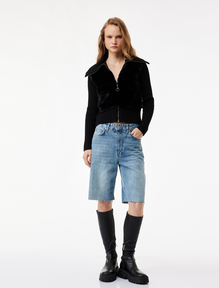  Slim Fit Uzun Kollu Dik Yaka Fermuarlı Suni Kürklü Hırka