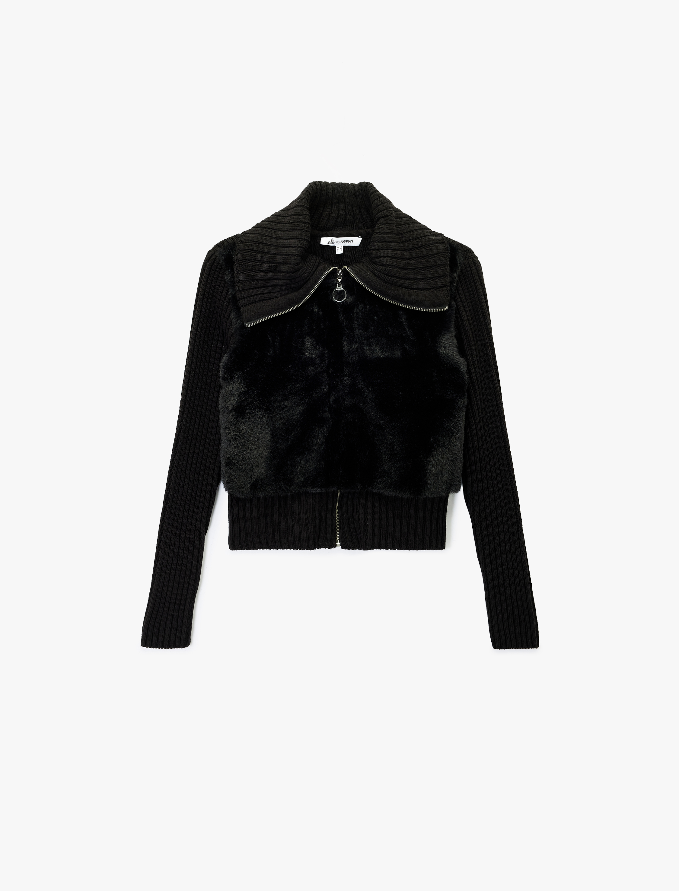   Slim Fit Uzun Kollu Dik Yaka Fermuarlı Suni Kürklü Hırka