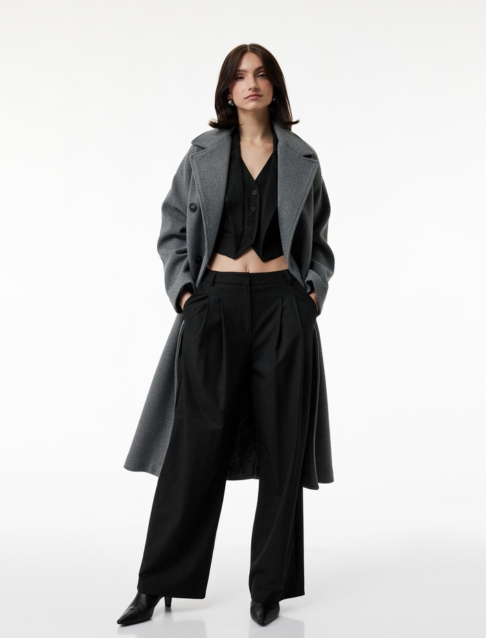  Uzun Kollu Düğmeli Cepli Kruvaze Uzun Kemerli Kaşe Kaban