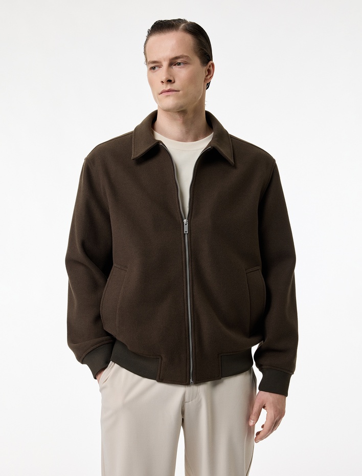  Uzun Kollu Cepli Fermuarlı Gömlek Yaka Kaşe Bomber Ceket